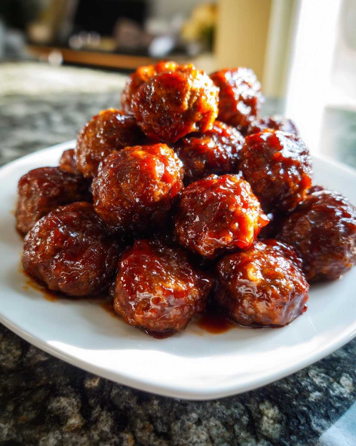 A mound of glistening, saucy grape jelly meatballs piled high on a white serving plate.