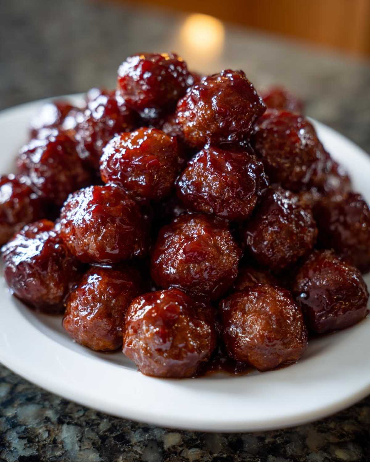 A mound of perfectly glazed Grape jelly meatballs piled high on a white serving plate.