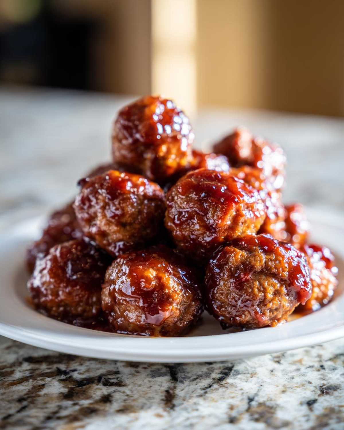 A pile of glistening Grape jelly meatballs coated in a sweet and savory glaze on a white plate.