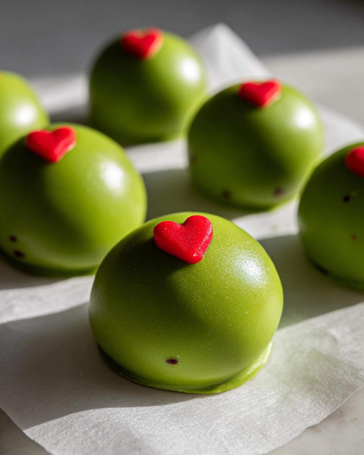Close-up of bright green Grinch Oreo Balls topped with small red hearts, sitting on white paper.