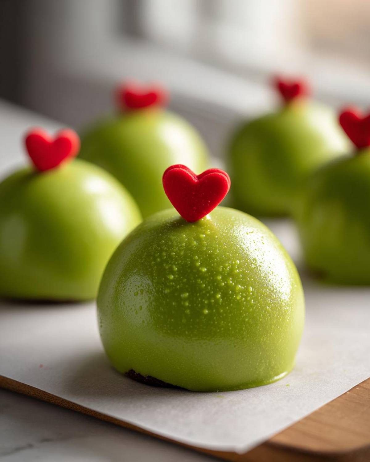 Close-up of shiny, bright green Grinch Oreo Balls topped with small red hearts.