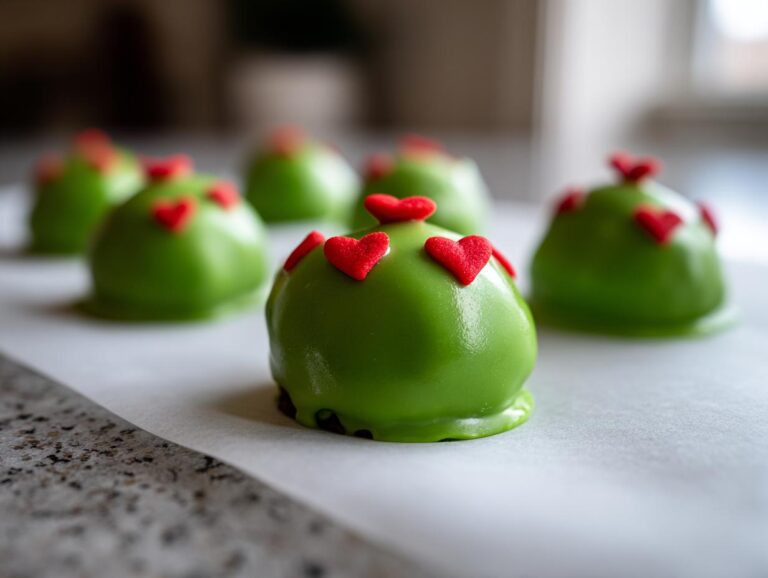 A close-up, shallow depth of field shot of bright green Grinch Oreo Balls decorated with small red heart sprinkles.