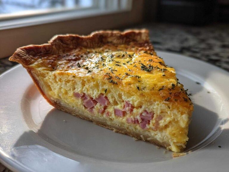 A perfect slice of Ham and Cheese Quiche with a golden crust, filled with egg custard and diced ham, sprinkled with herbs.