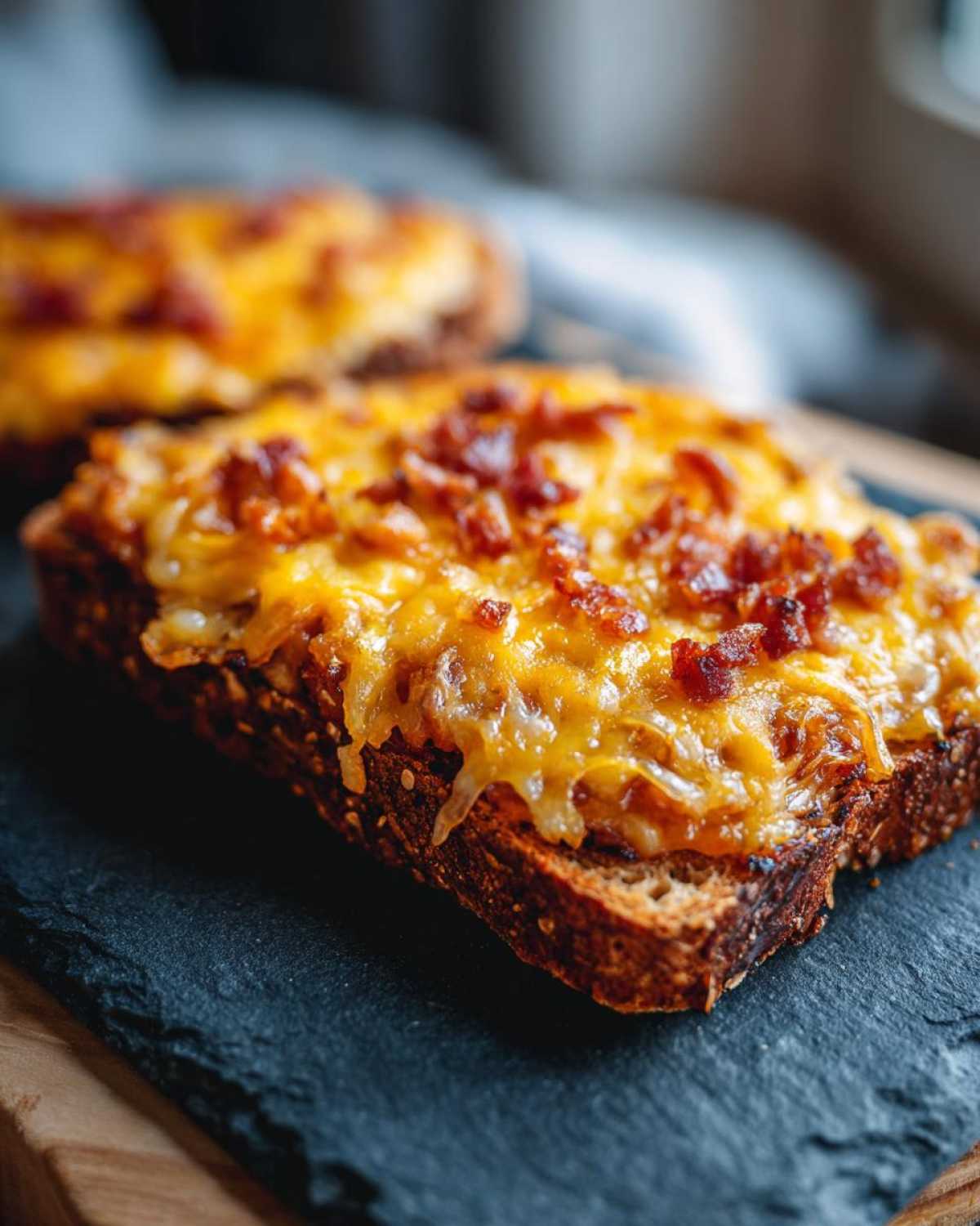 Close-up of a slice of toast topped with melted cheddar cheese and bacon bits, part of the hanky panky recipe.