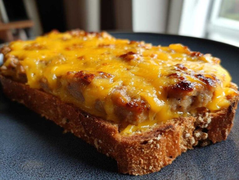 Close-up of a slice of toast topped with savory meat mixture and melted cheddar cheese, part of the hanky panky recipe.
