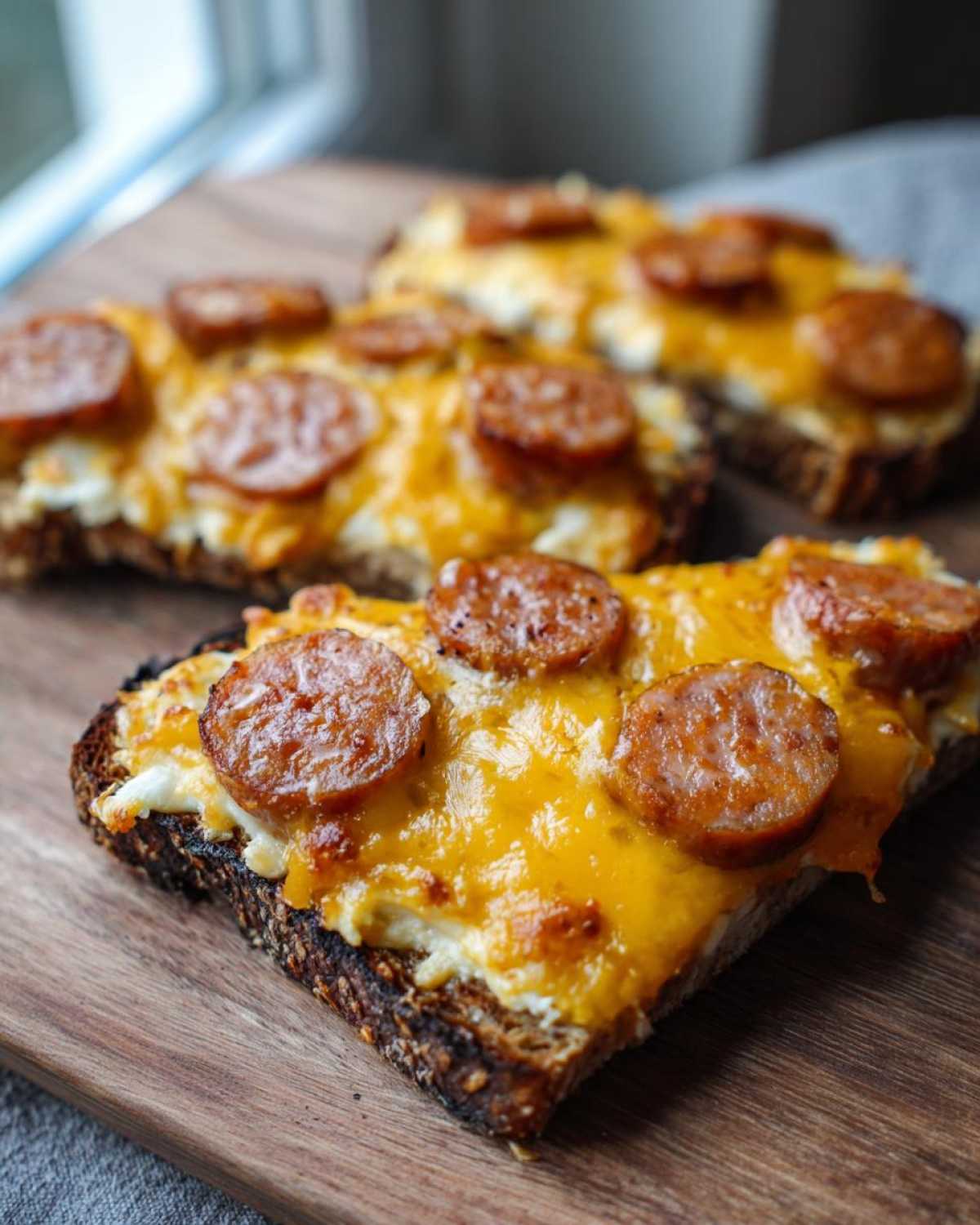 Close-up of toasted bread topped with melted cheese, sausage slices, ready to serve as a hanky panky recipe.