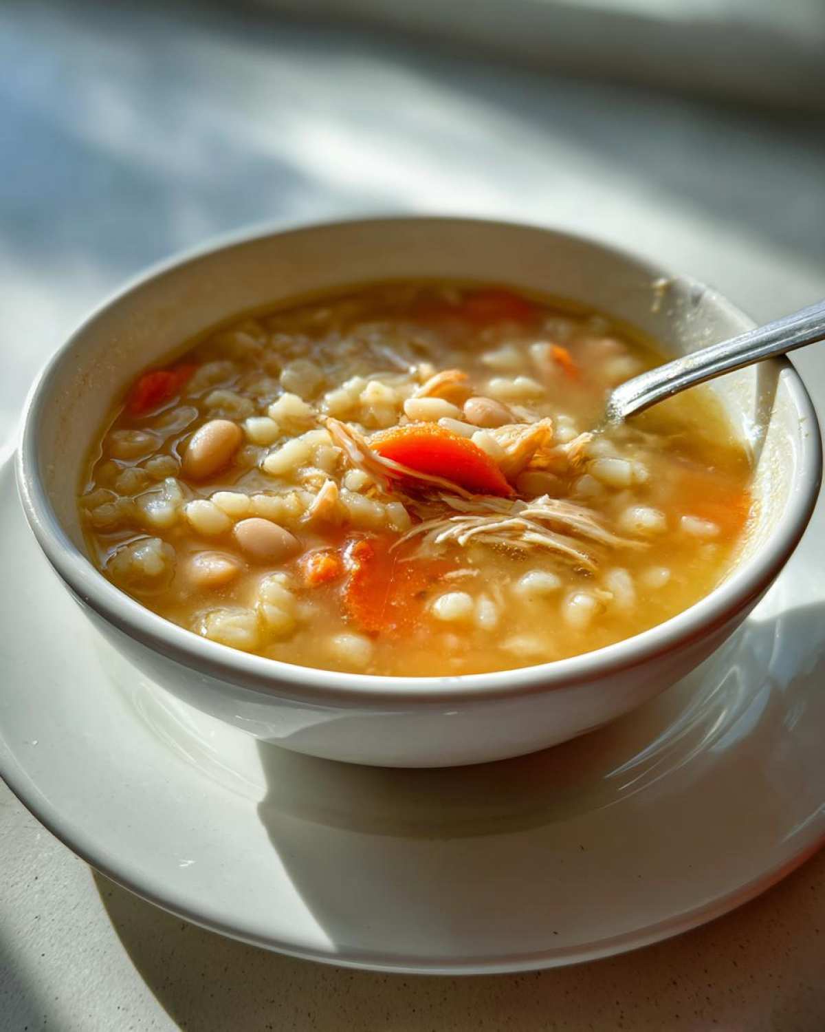 Close-up of a bowl of hearty chicken and bean soup with carrots and pasta, served with a spoon.