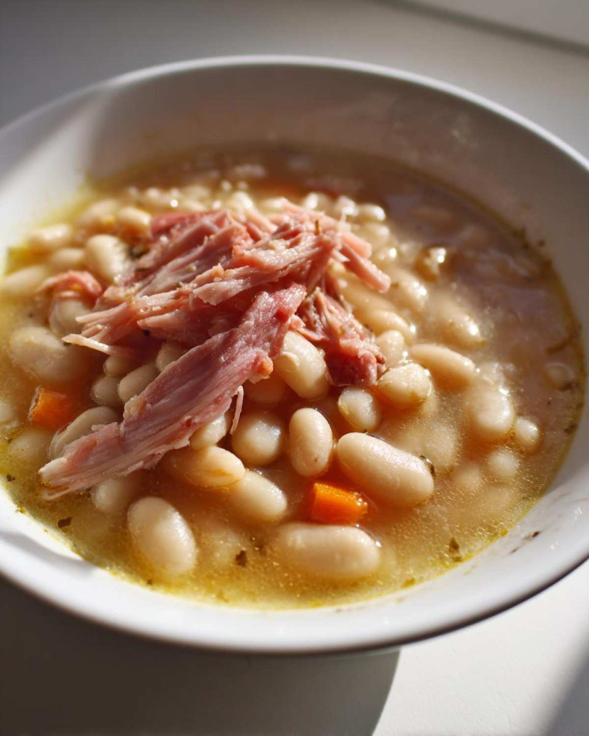 Close-up of a bowl of hearty white bean soup topped with shredded ham and visible carrot pieces.