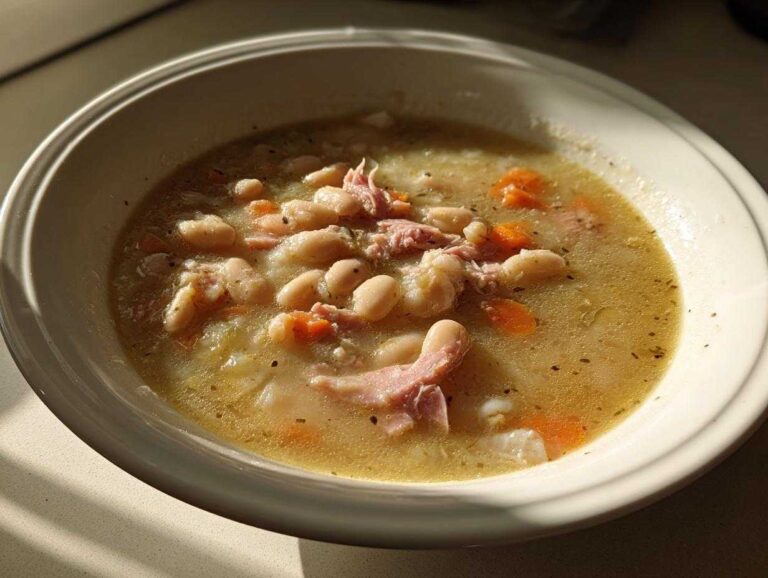 A close-up of a hearty bean soup featuring white beans, shredded ham, and carrots in a savory broth.