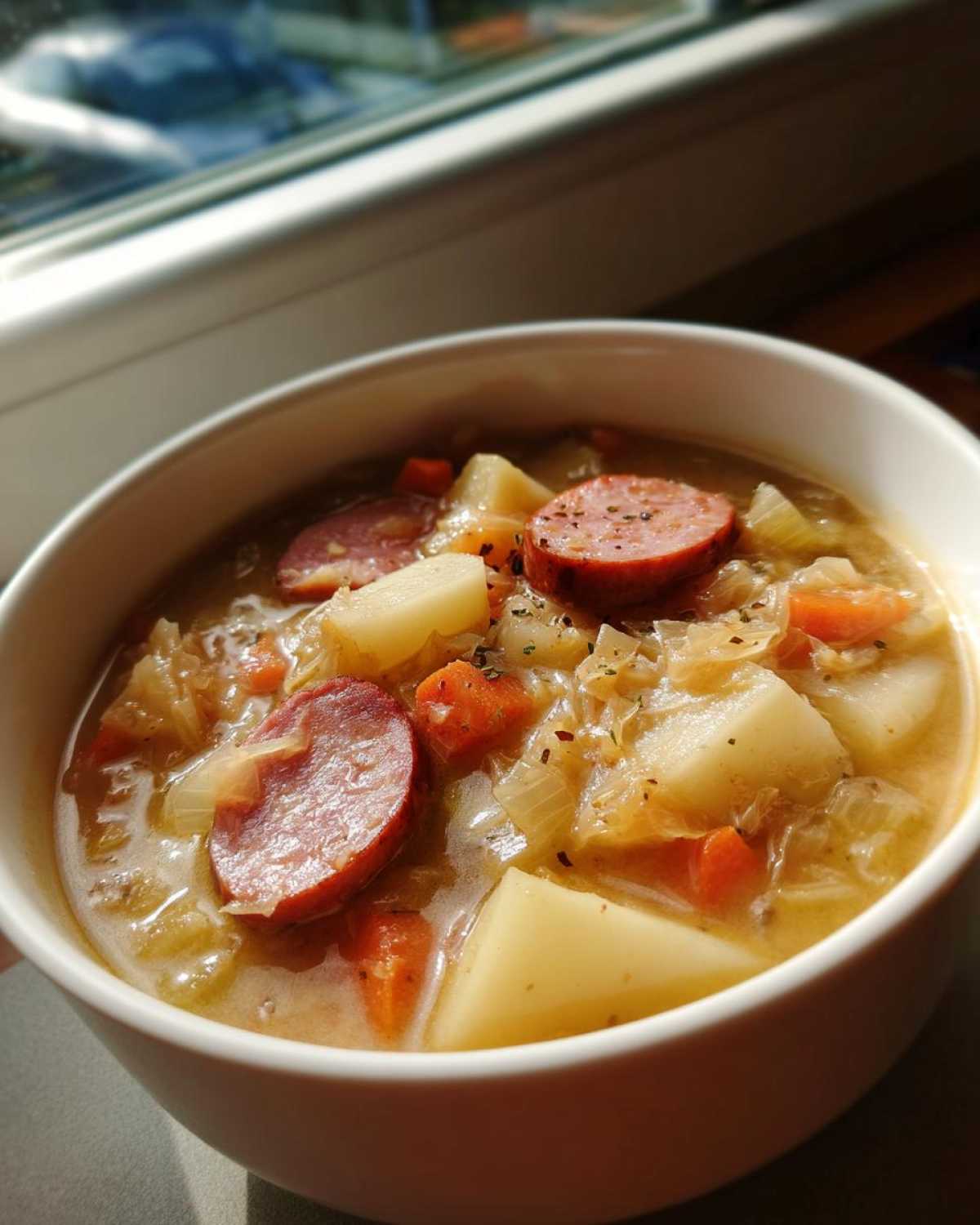 Close-up of a white bowl filled with hearty sauerkraut soup, featuring chunks of potato, carrots, and slices of smoked sausage.