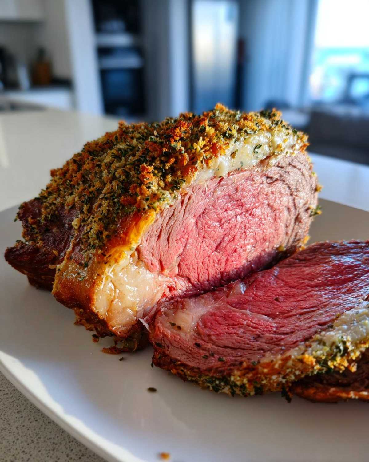 Close-up of a medium-rare rib roast, showing a thick, herb and breadcrumb crust and juicy pink interior.