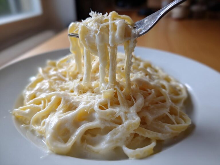 A fork lifts fettuccine coated in creamy homemade alfredo sauce, showing a cheese pull.