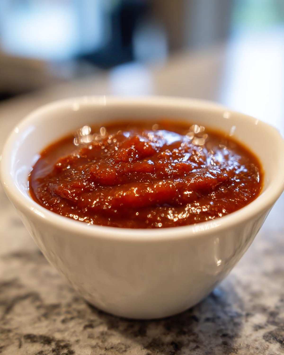Close-up of thick, rich, homemade bbq sauce served in a small white bowl.