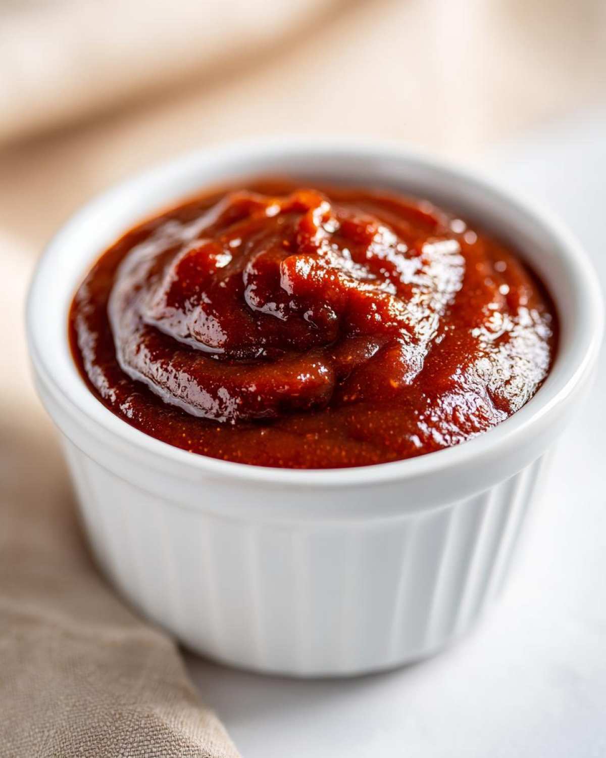 Close-up of thick, glossy homemade bbq sauce served in a white ramekin.