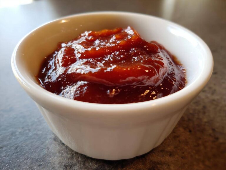 Close-up of thick, rich, homemade bbq sauce served in a small white ramekin.
