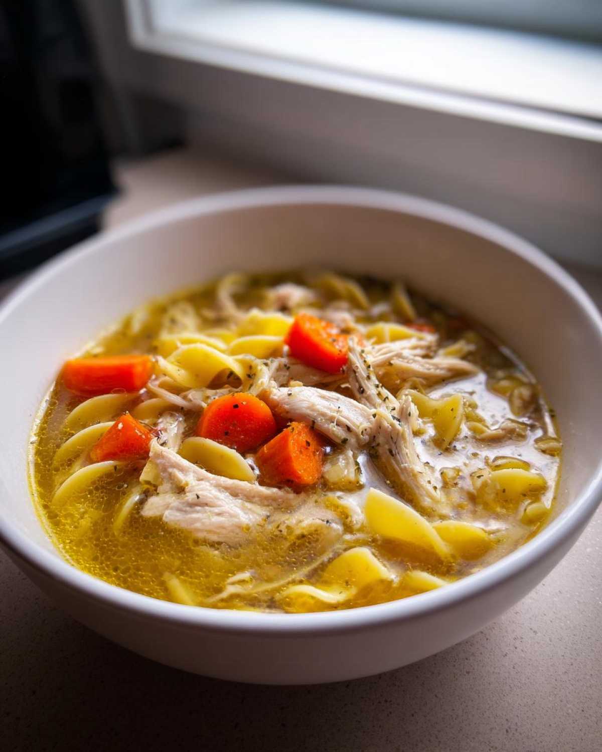 Close-up of a white bowl filled with steaming chicken noodle soup, featuring shredded chicken, egg noodles, and bright orange carrots.