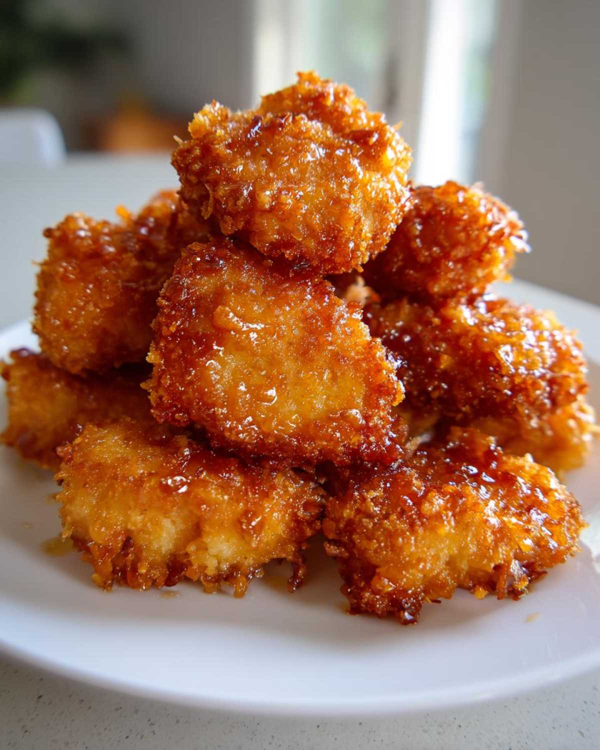 A pile of crispy, golden homemade chicken nuggets drizzled with a shiny glaze, served on a white plate.
