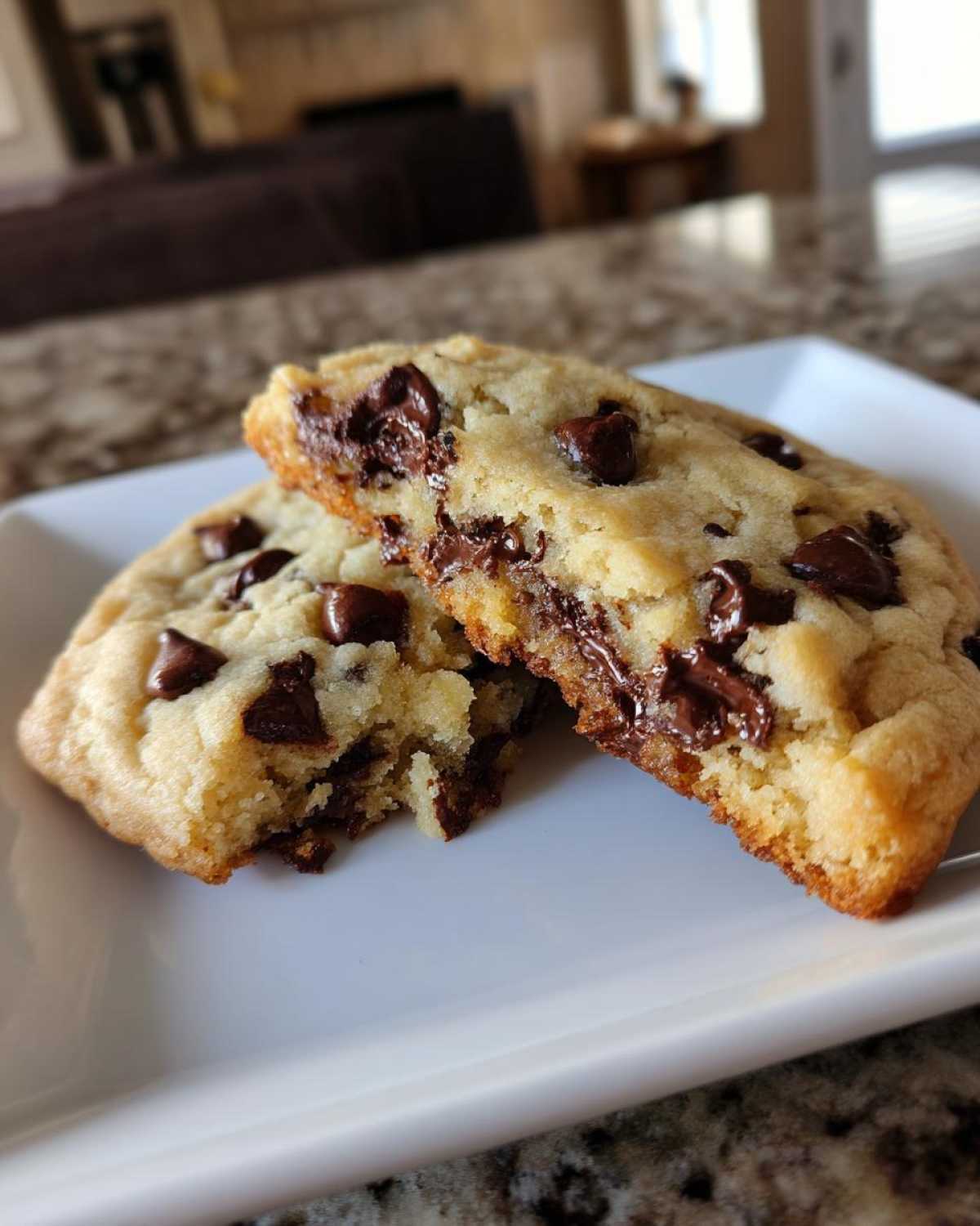 Close-up of homemade chocolate chip cookies broken in half showing gooey melted chocolate chips inside.