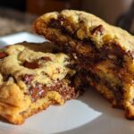 Close-up of homemade chocolate chip cookies broken in half showing melted chocolate center.