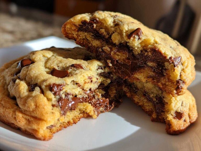 Close-up of homemade chocolate chip cookies broken in half showing melted chocolate center.