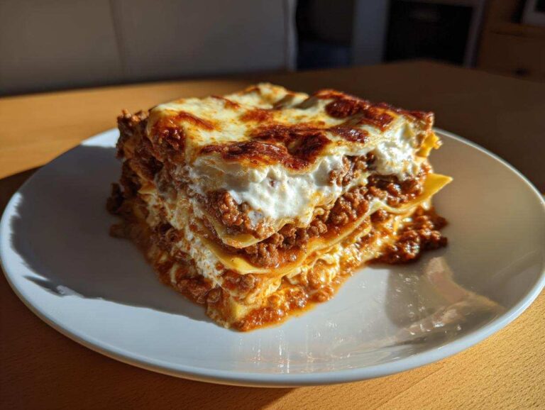 A thick, layered slice of homemade lasagna with rich meat sauce and melted, browned cheese on top, served on a white plate.