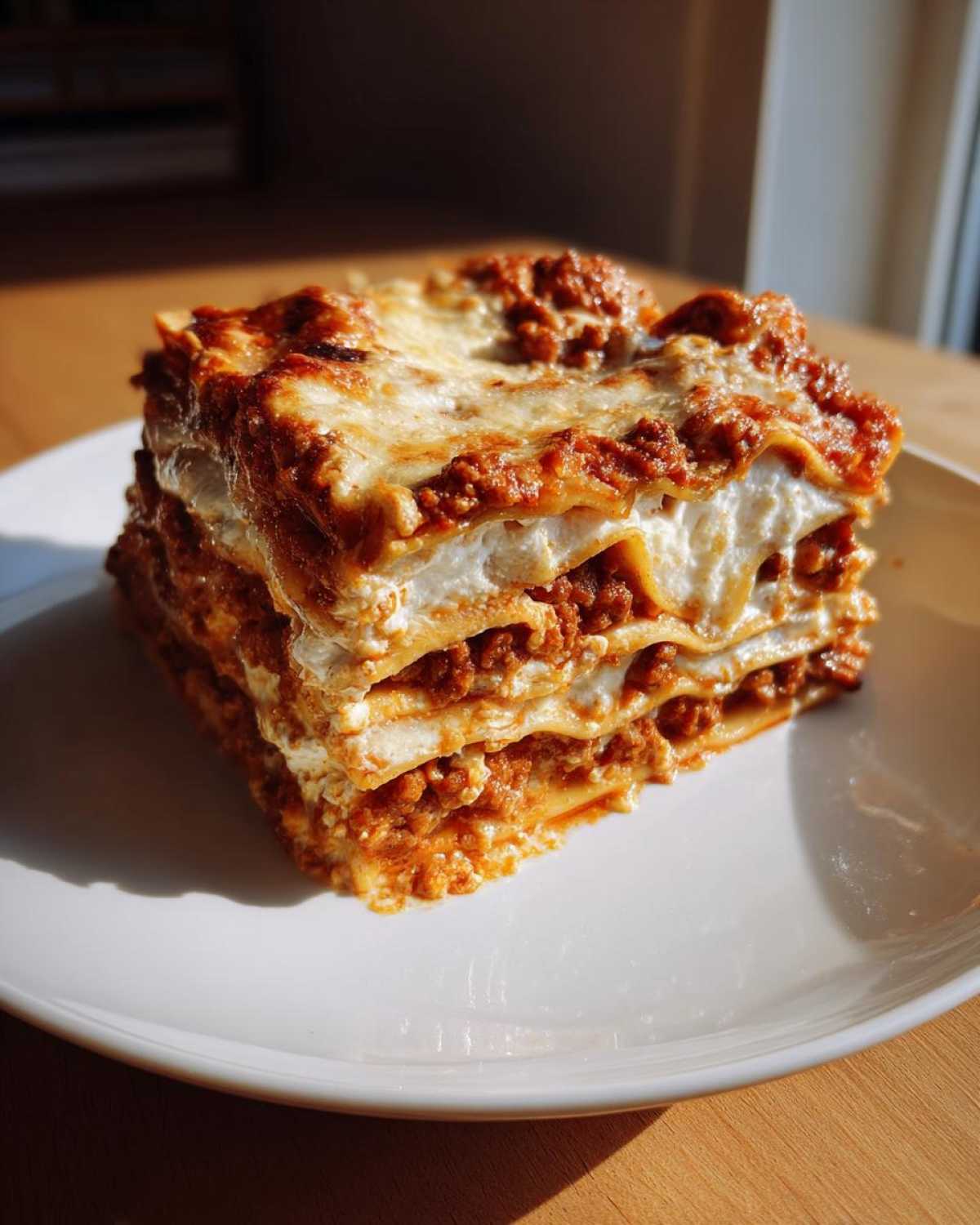 A thick, layered slice of homemade lasagna featuring rich meat sauce and creamy white cheese filling, served on a white plate.
