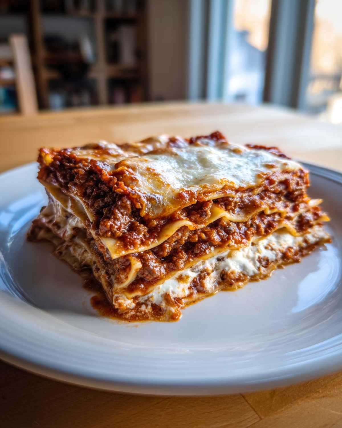 A generous, multi-layered slice of homemade lasagna featuring rich meat sauce and melted cheese.