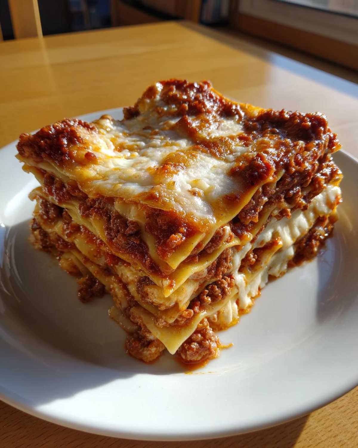 A tall, square slice of homemade lasagna with layers of pasta, meat sauce, and melted white cheese, served on a white plate.