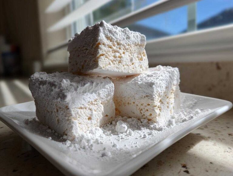Three large, fluffy homemade marshmallows stacked on a white plate, heavily dusted with powdered sugar.