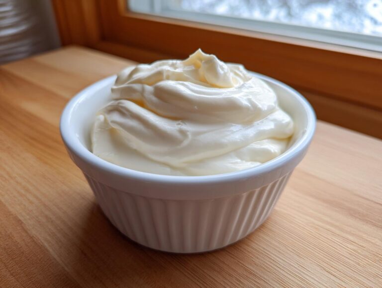 Amazing 5-Minute Homemade Mayonnaise Magic A white ramekin filled with thick, creamy homemade mayonnaise, set on a wooden surface near a window.