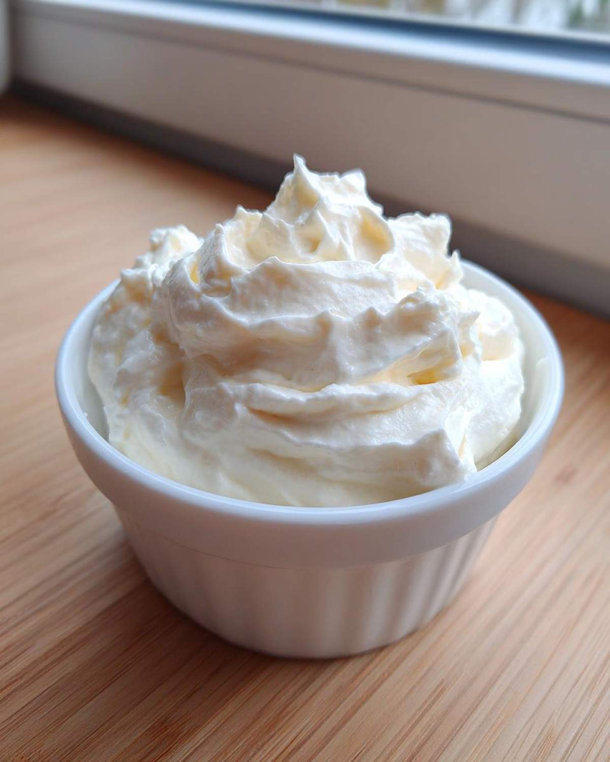 A close-up of thick, creamy homemade mayonnaise perfectly piped into a small white ramekin.