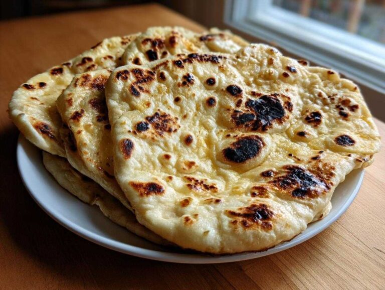 A stack of freshly cooked homemade naan bread piled on a white plate, showing characteristic charred bubbles.