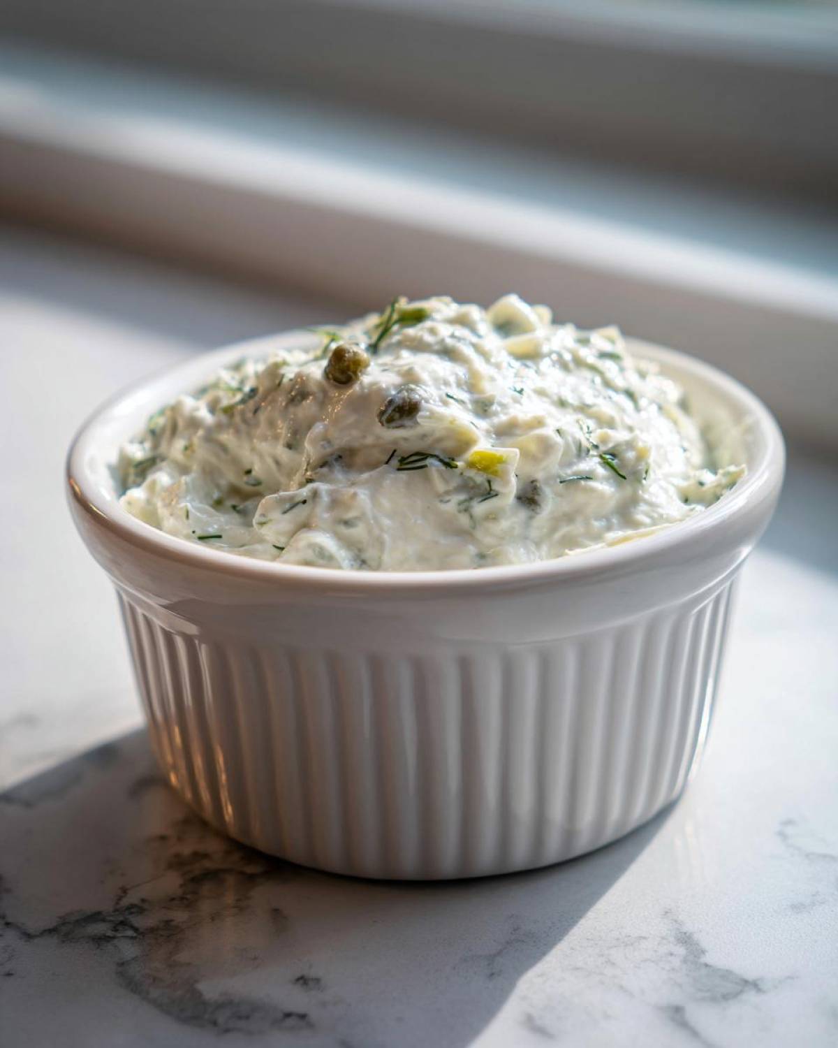 A close-up of homemade tartar sauce recipe, creamy and chunky with capers and dill, served in a white fluted ramekin.