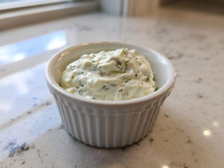 A close-up of creamy homemade tartar sauce recipe, flecked with green herbs, served in a small white fluted ramekin.