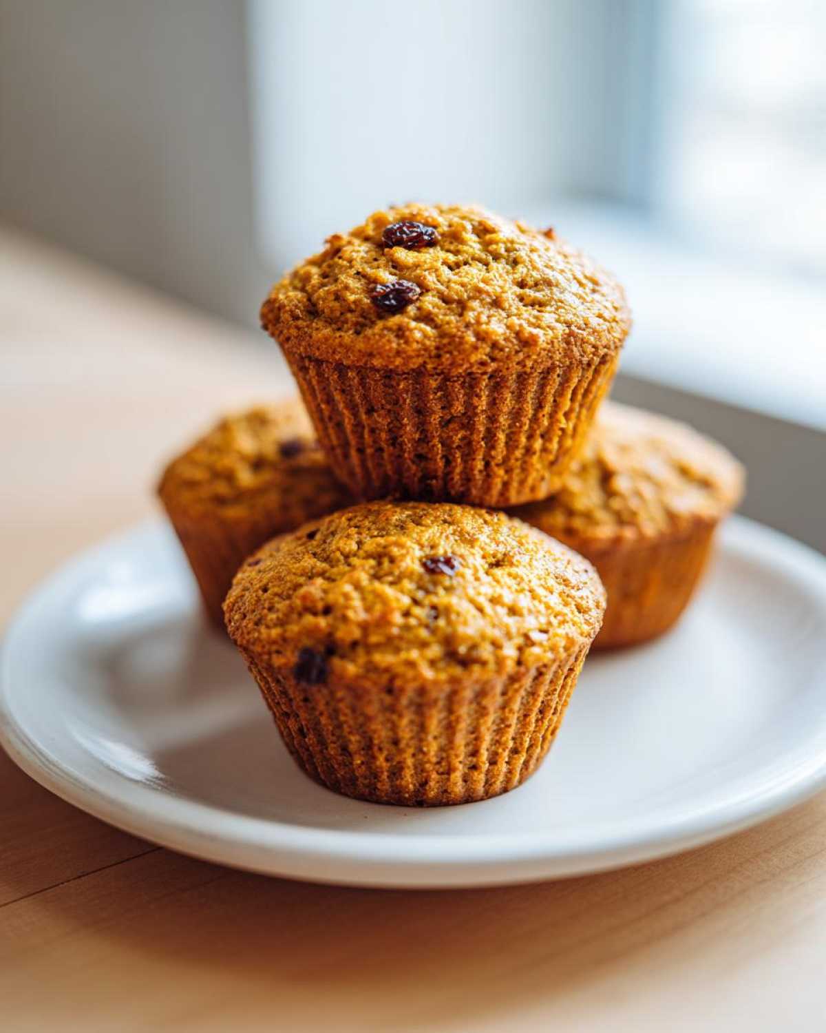 A stack of four golden brown honey bran muffins topped with raisins, resting on a white plate.