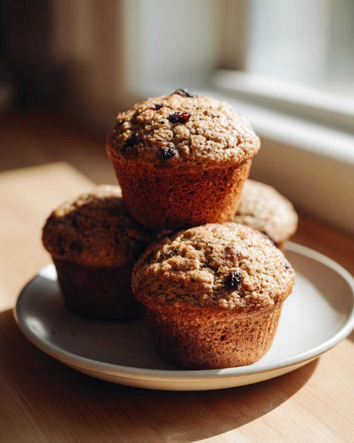 A stack of four golden brown honey bran muffins with visible dried fruit pieces, sitting on a small plate near a window.