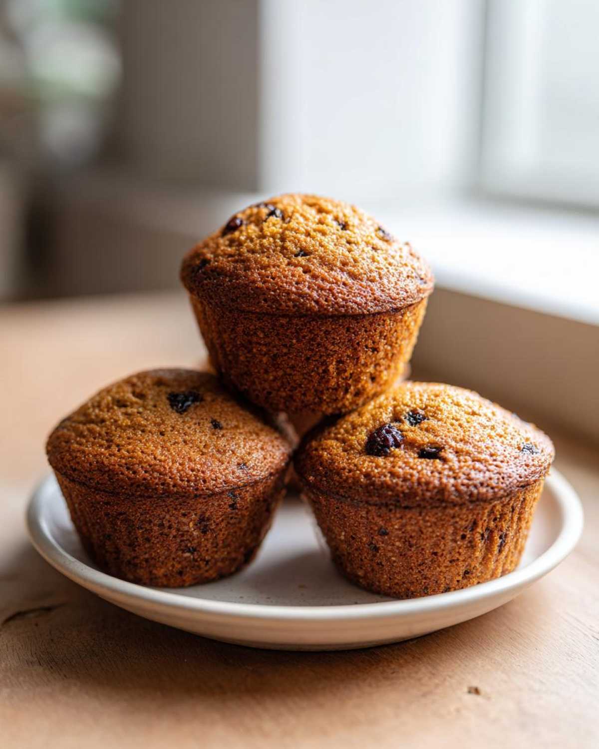 Three perfectly baked, golden brown honey bran muffins stacked on a small white plate, featuring visible raisins.