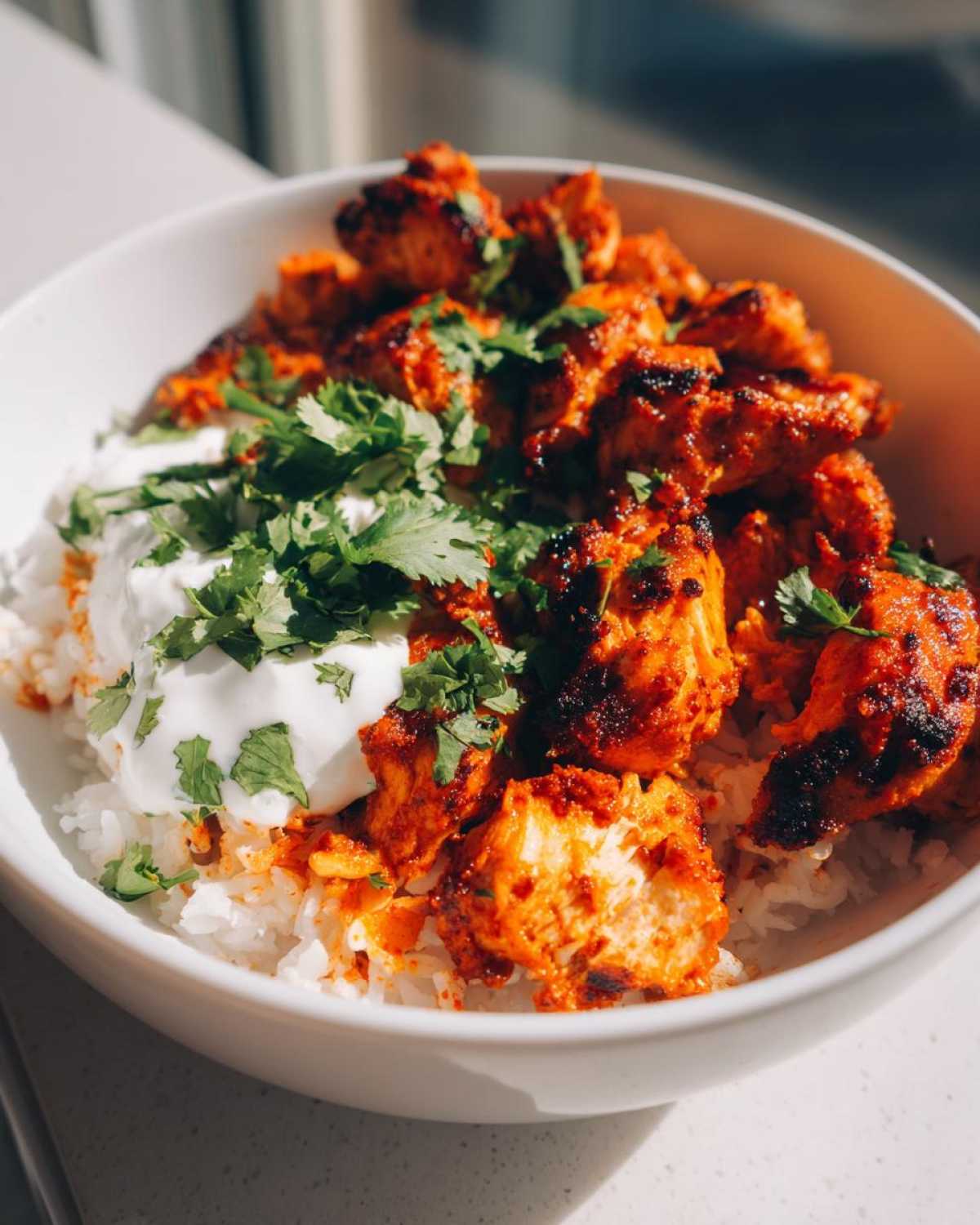 Close-up of a white bowl filled with white rice topped with bright orange honey harissa chicken, a dollop of yogurt, and fresh cilantro.