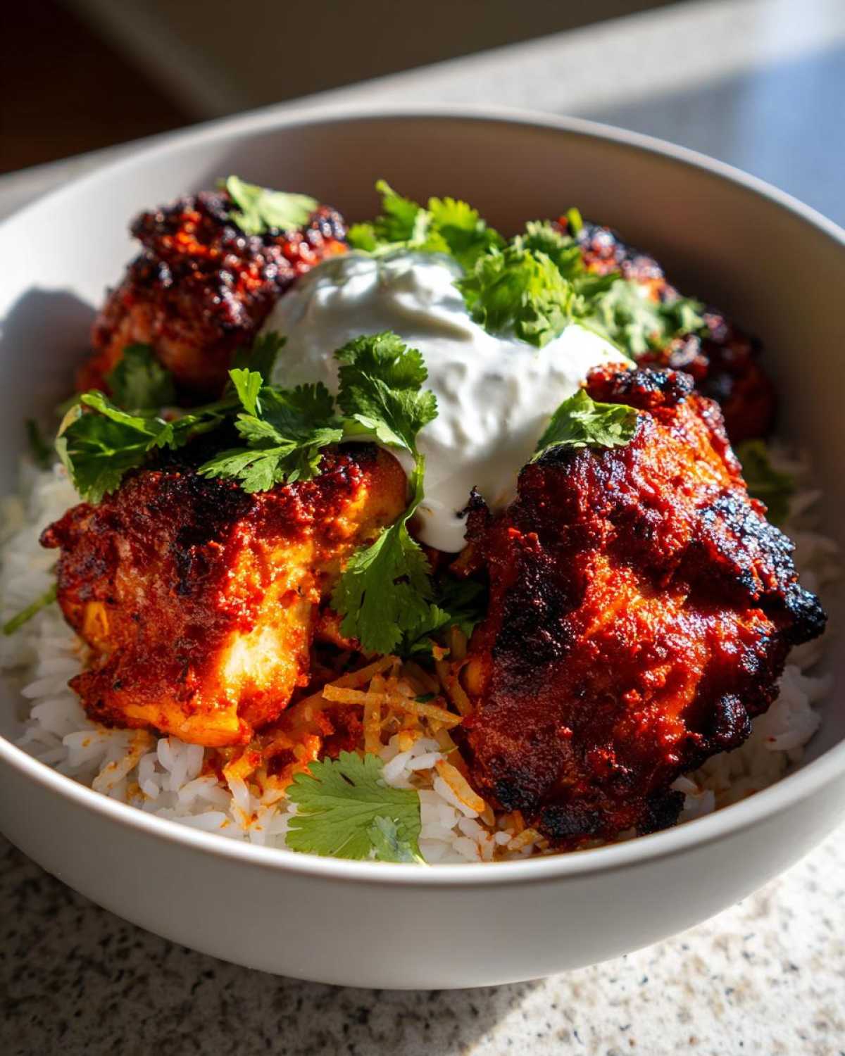 Close-up of bright red, charred harissa chicken pieces served over white rice, topped with yogurt sauce and fresh cilantro.