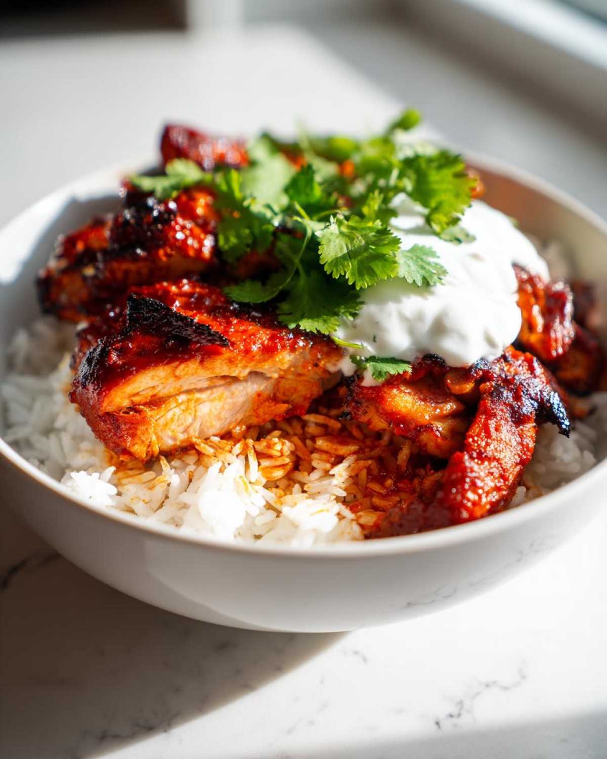 Close-up of glazed harissa chicken pieces served over white rice, topped with yogurt sauce and fresh cilantro.