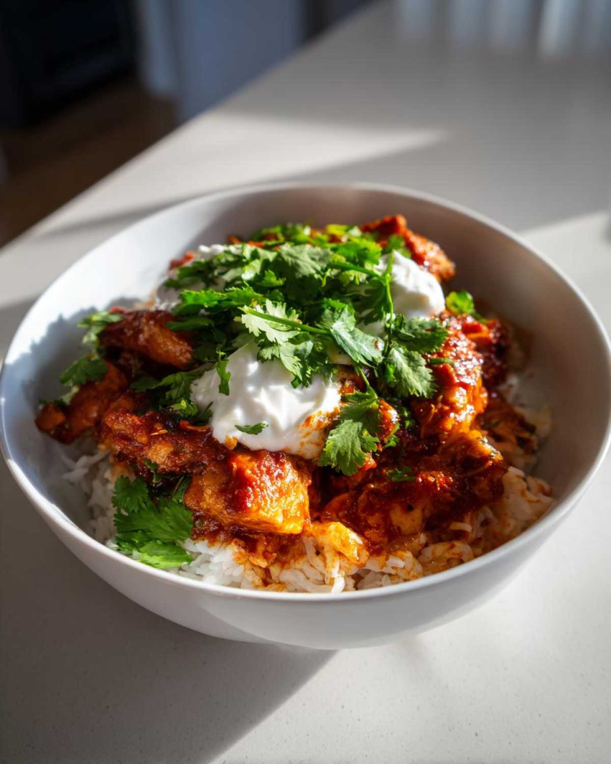 A white bowl filled with rice topped with saucy honey harissa chicken, dollops of yogurt, and fresh cilantro.