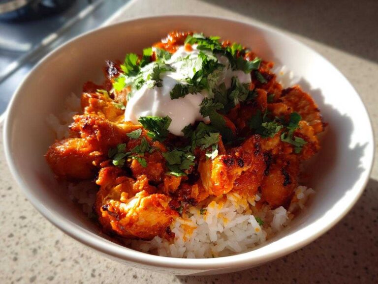 A bowl of vibrant, orange-red harissa chicken served over white rice, topped with yogurt and fresh cilantro.