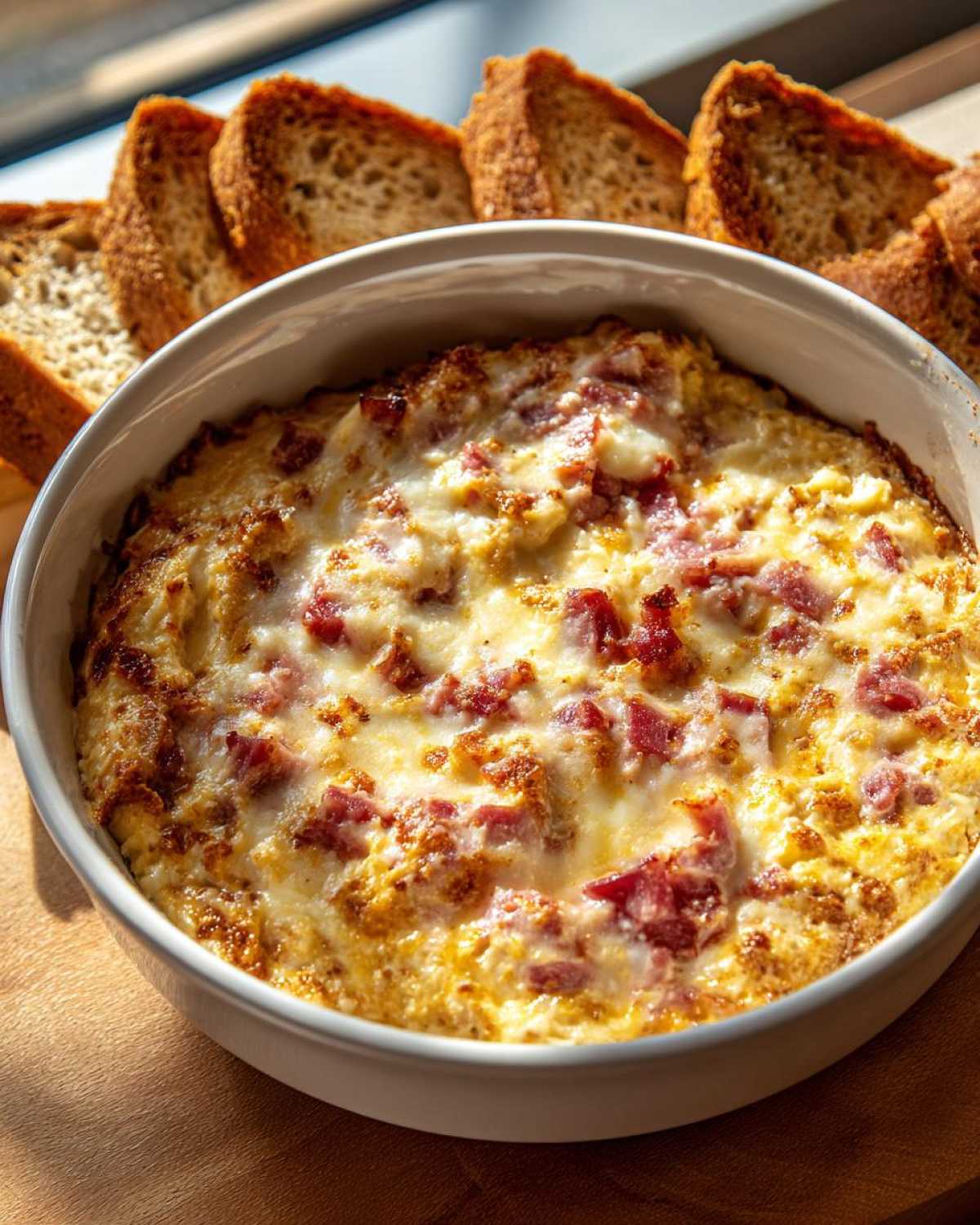 Close-up of hot, baked reuben dip topped with melted cheese and corned beef, served with toasted rye bread slices.