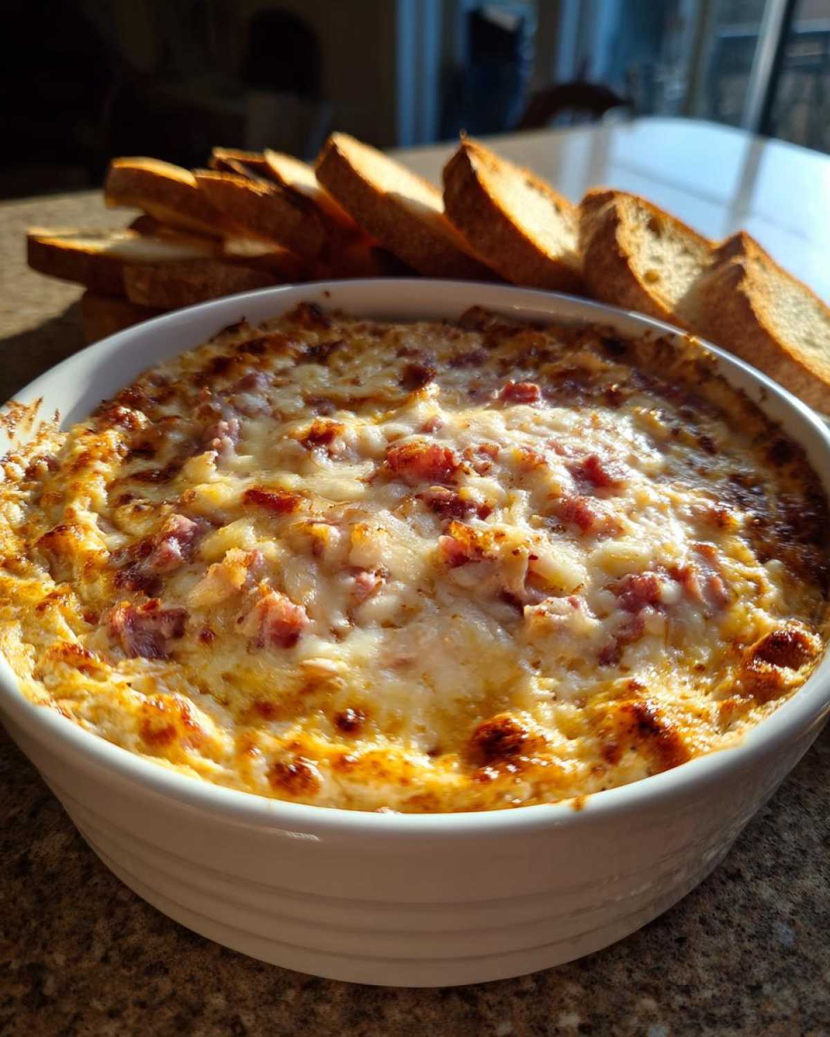 A bubbling, cheesy, baked reuben dip in a white casserole dish served with toasted baguette slices.