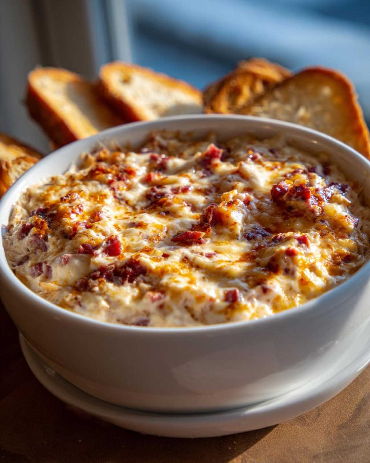 Close-up of a hot, baked reuben dip topped with melted cheese and corned beef, served with toasted bread slices.