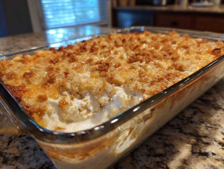 A close-up of a freshly baked hot chicken salad casserole with a golden, crunchy topping in a clear glass baking dish.