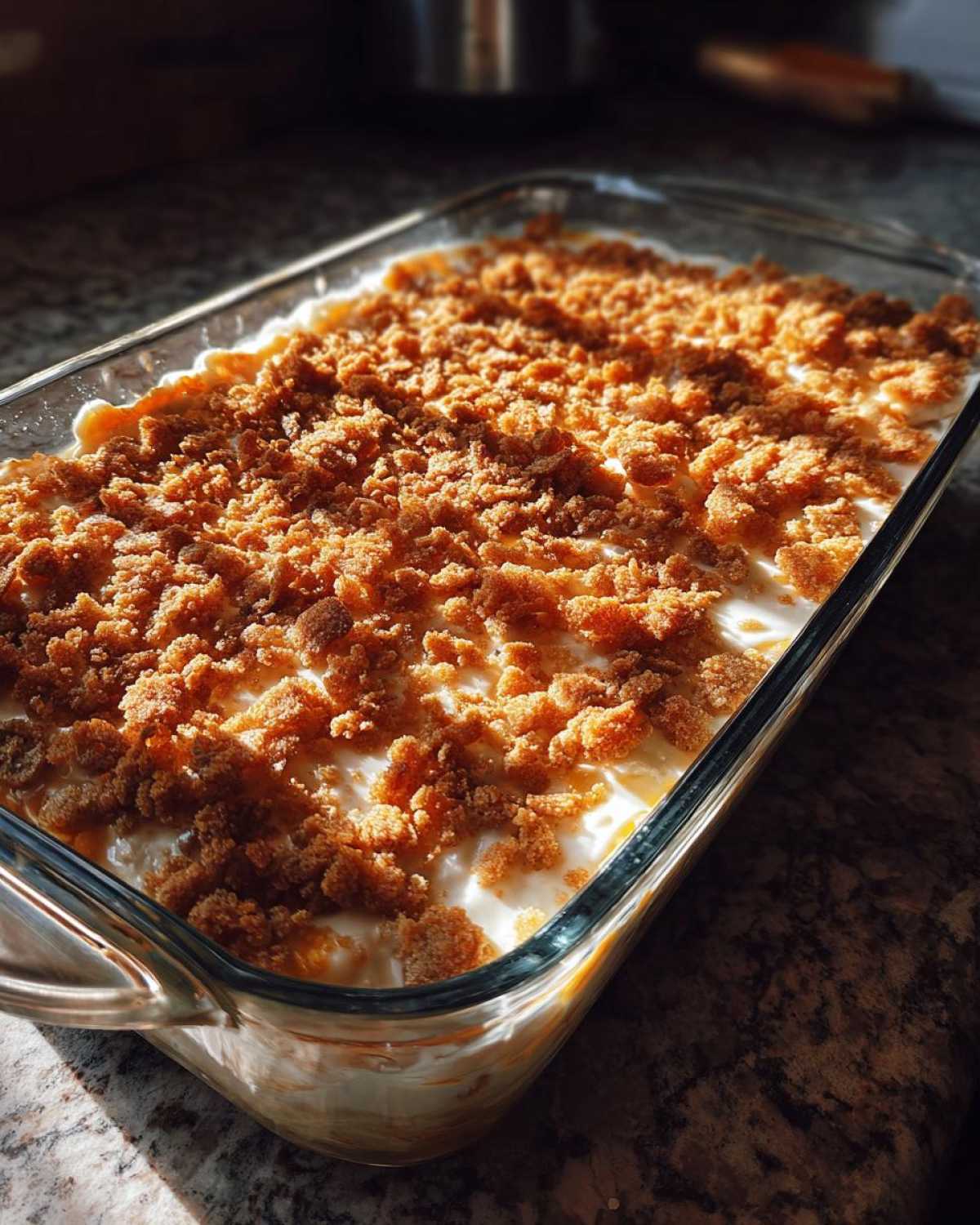 A glass baking dish filled with creamy hot chicken salad topped generously with crunchy, golden brown crumbs.
