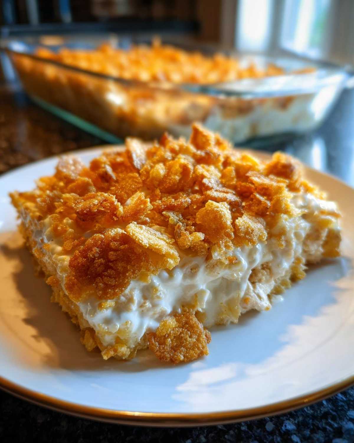 A close-up serving of creamy hot chicken salad topped with crunchy cornflakes on a white plate.