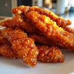 A close-up of crispy hot honey chicken tenders coated in a shiny, sweet glaze and sprinkled with sesame seeds.