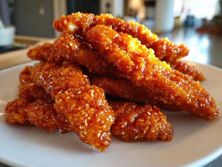 A close-up of crispy hot honey chicken tenders coated in a shiny, sweet glaze and sprinkled with sesame seeds.